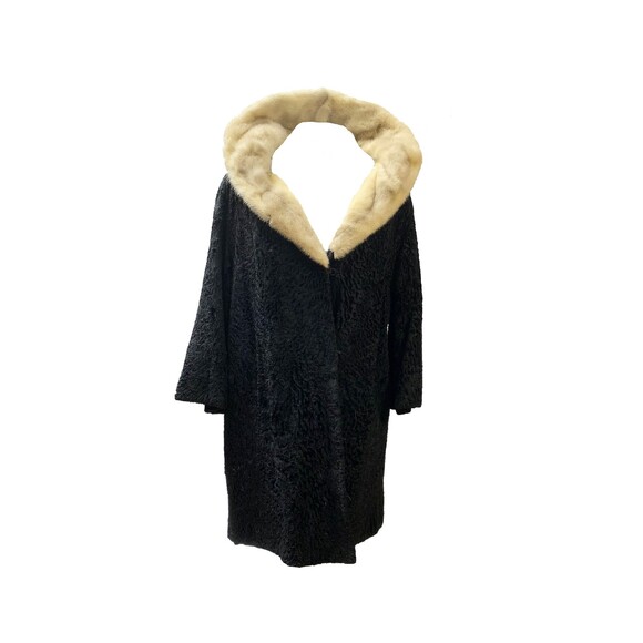1950s HY Goodman Authentic Black Astrakhan Fur Coat With Mink Fur Collar - Picture 2 of 7